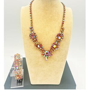 Vintage Red AB Rhinestone Necklace & Bracelet Set • 1960s Regency‑Style Sparkle